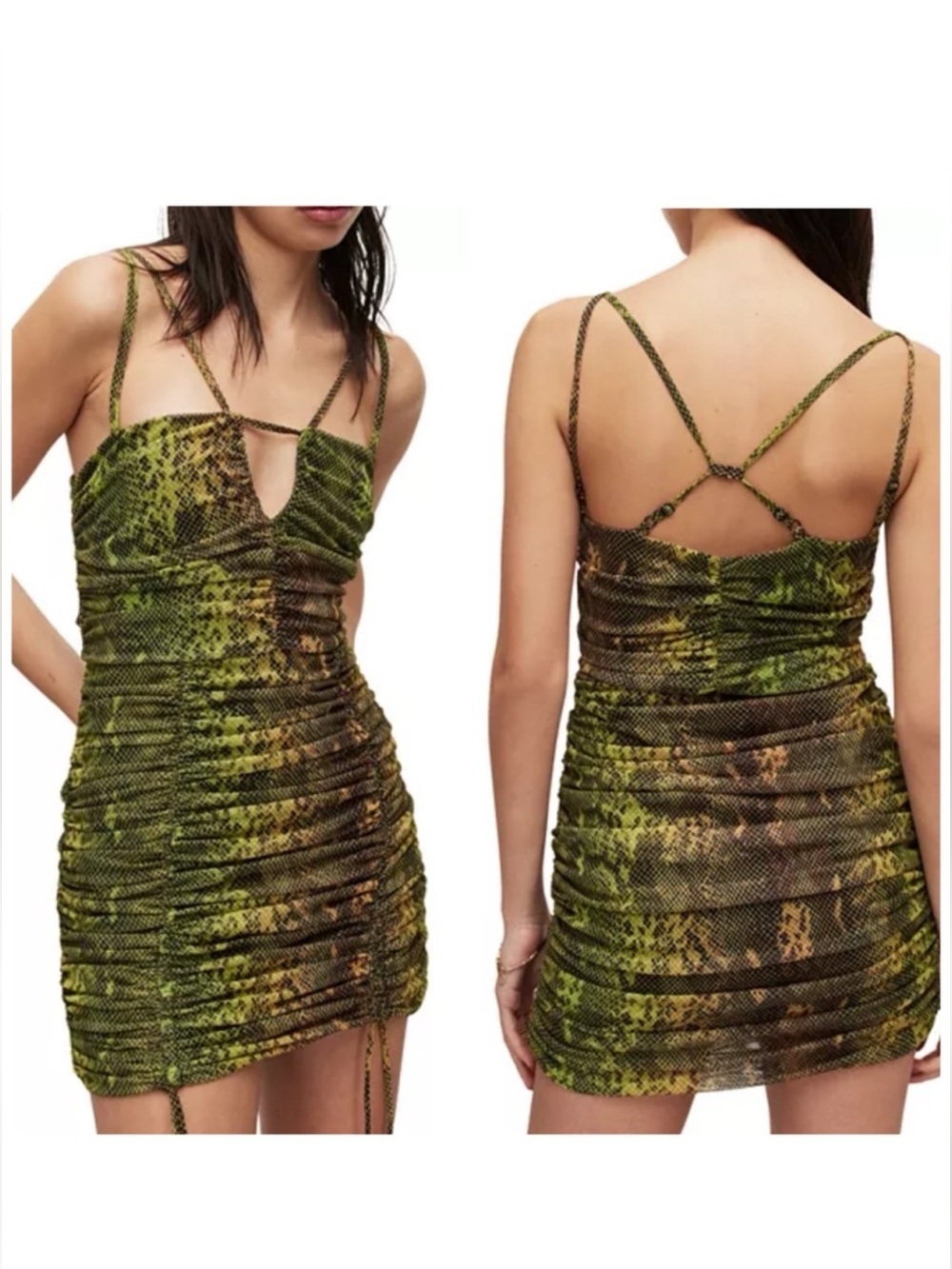 AllSaints Gloria Ramona Green Snake-Print Ruched Mini Dress
